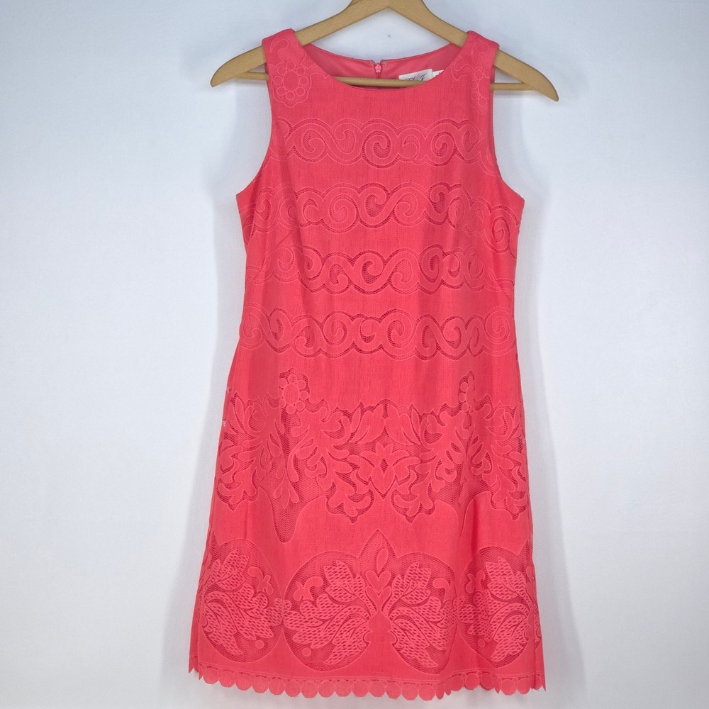 Eliza J Coral Sleeveless Lace Sheath Dress Womens 8 Scallop Hem Textured Overlay